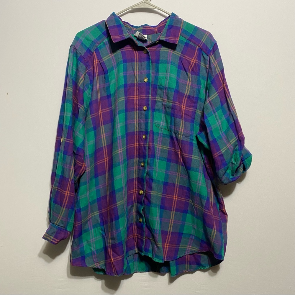 Vtg Koret Womens Sz 20W Multi Color Button Down Plaid Blouse Swiss Tab